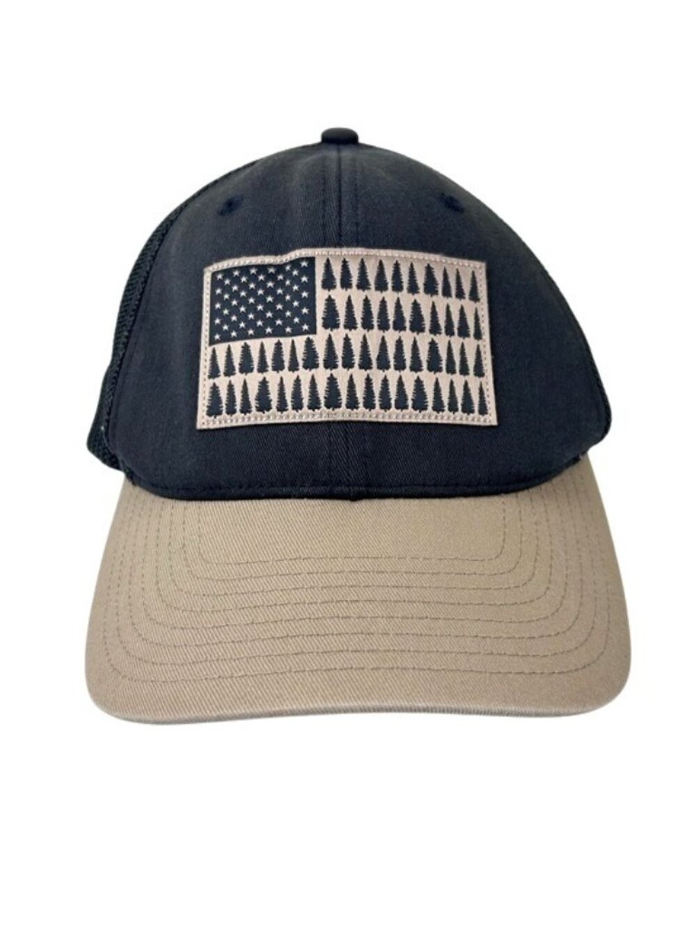 Columbia Outdoor Black Tan Trucker Hat with Flag Tree Patch Sz S/M Unisex